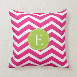 Coussin Chaud rose blanc Chevron vert Monogramme