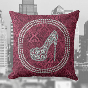 Coussin Chaussure Glam Diamond Stiletto Sur Damask Bourgog