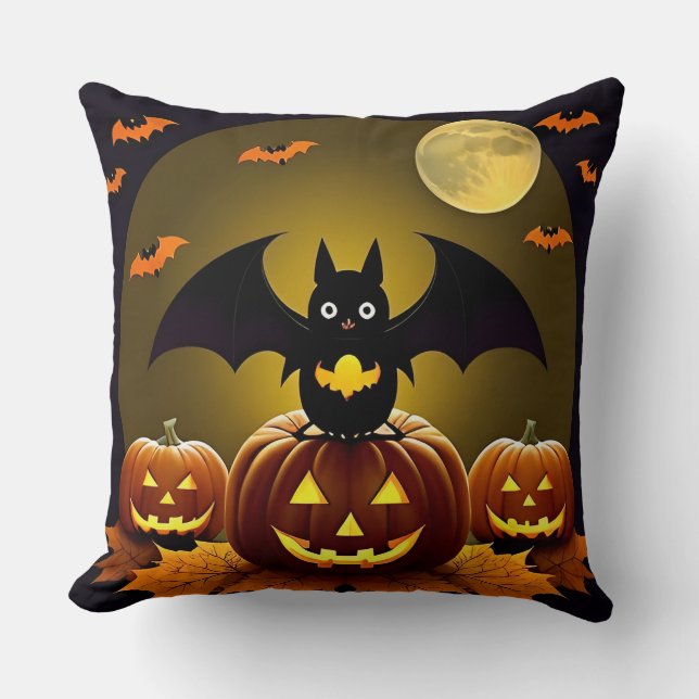 Coussin Chauve-souris mignonne effrayante Chat Citrouille  (Recto)