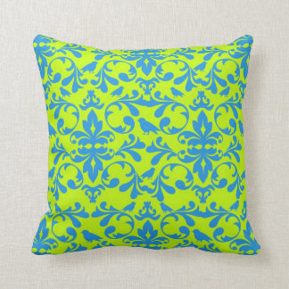 Coussin chaux funky vert brillant bleu oiseau damask motif