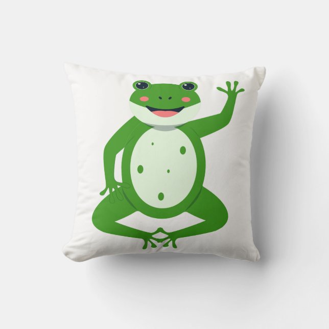 Coussin Cheerful Waving Green Frog Throw Pillow – Whimsica (Recto)