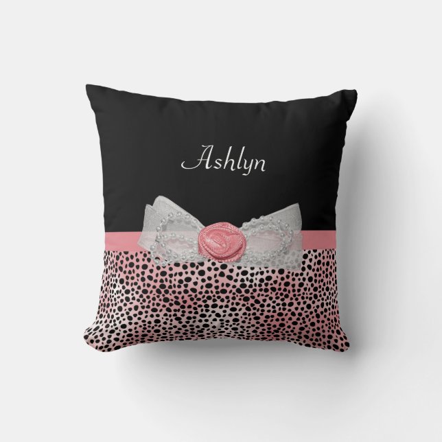 Coussin Cheetah rose et noir Imprimer Cute Bow avec nom (Recto)
