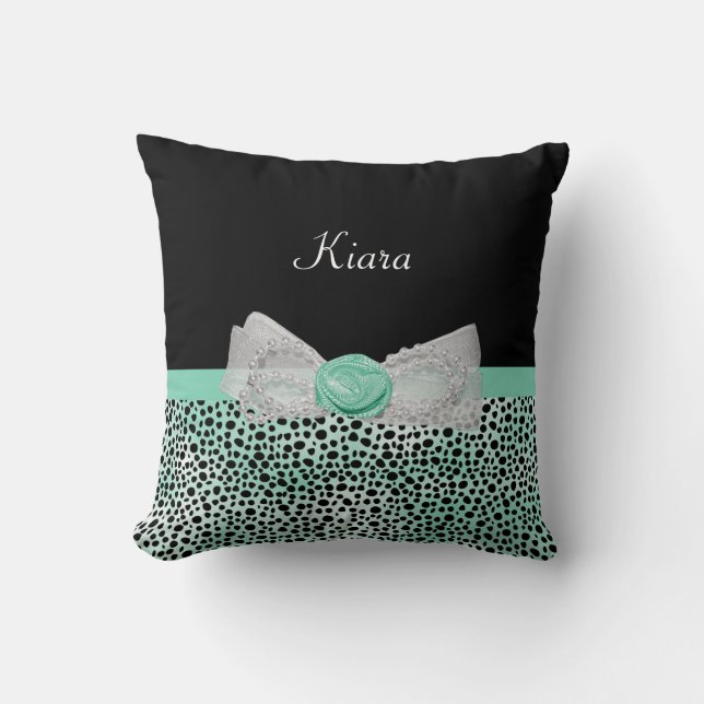 Coussin Cheetah vert Monnaie Imprimer Cute Bow Avec Nom (Recto)