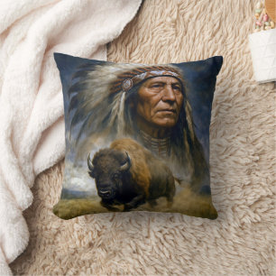 Coussin Chef amérindien avec un buffle qui charge