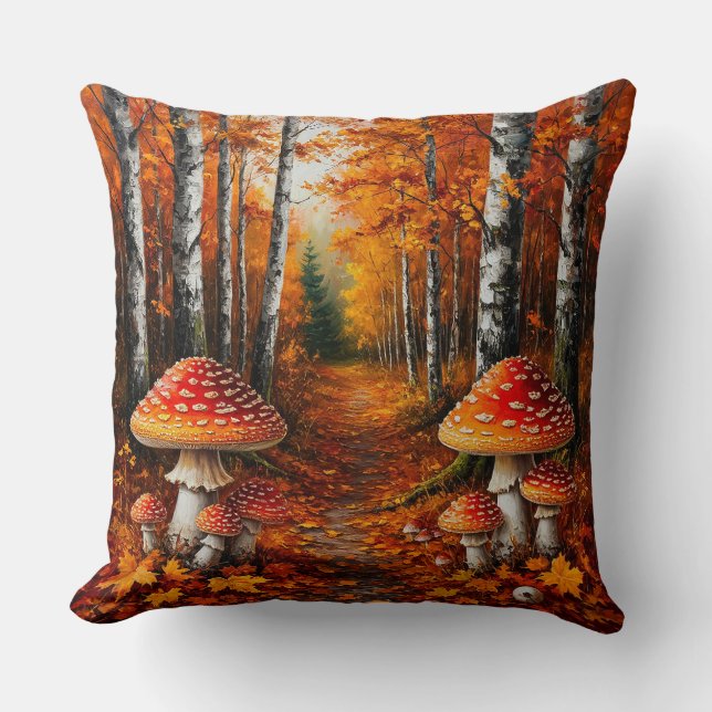 Coussin Chemin de la forêt automnale entouré de bouleaux (Recto)