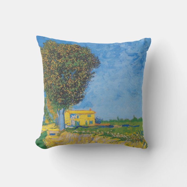 Coussin Chemin ensoleillé vibrant & Maison jaune de Van Go (Recto)