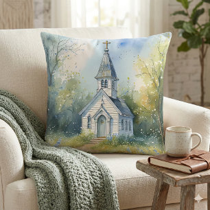 Coussin Chemin rustique d'église dans une prairie de fleur