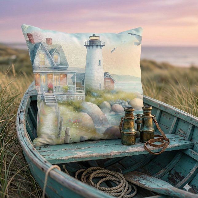 Coussin Chemin vers le chalet côtier du phare (Pathway to the Lighthouse Coastal Cottage Throw Pillow Mockup A)
