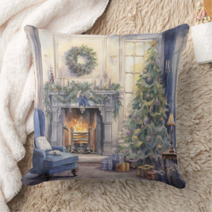 Coussin Cheminée de Noël Salon Arbre Bleu