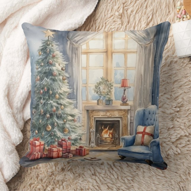 Coussin Cheminée de Noël Salon Arbre Bleu (Couverture)