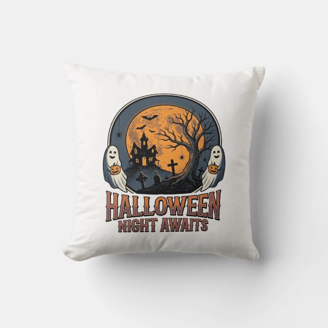 Coussin Chemise fantôme lune gravée scène Halloween vintag (Recto)