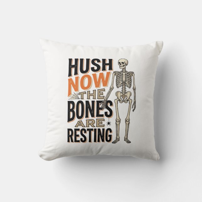 Coussin Chemise squelette drôle, gravure Halloween Hush No (Recto)