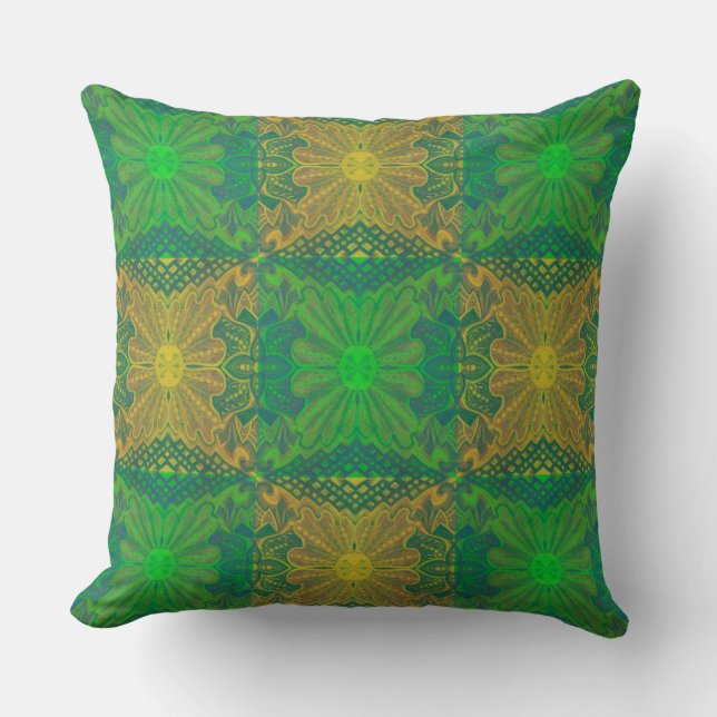 Coussin Chêne King, motif floral bohème, vert & jaune (Recto)