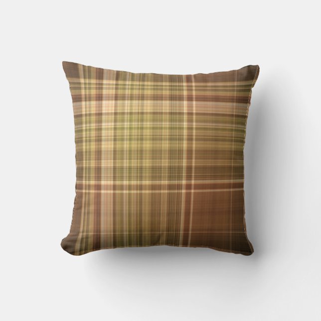 Coussin Chêne Rustique Brun et Carreaux Olive (Recto)
