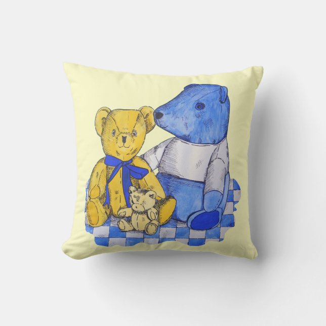 Coussin chèque bleu tissu de pique-nique avec trois vieux  (Recto)