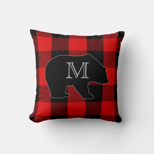 Coussin Chèque de bison rouge de bûcheron | Ours monogramm (Recto)