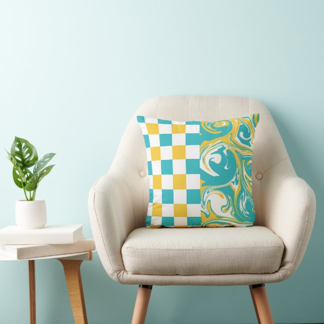 Coussin Chèques et permules en Turquoise, Jaune et Blanc (Chaise)