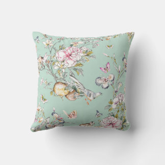 Coussin Cherry Blossom Chinoiserie sur Aqua Arrière - plan