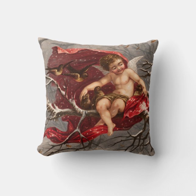 Coussin CHERUBE À FEU SUR ARBRE D'HIVER AVEC OISEAUX Noël (Recto)