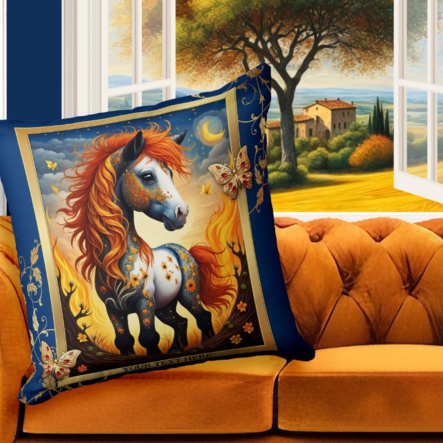 Coussin Cheval Artistique Whimsical Animal coloré (Pillow featuring a whimsical painting of a colorful cute horse at night, with butterfly friends)