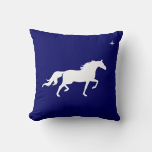 Coussin Cheval blanc élégant et étoile sur fond bleu marin