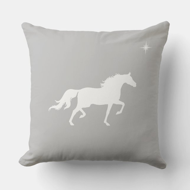 Coussin Cheval blanc élégant et étoile sur gris argenté (Recto)