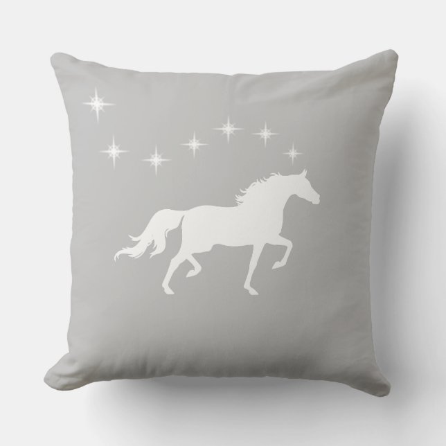 Coussin Cheval blanc élégant et étoiles sur gris argenté (Recto)