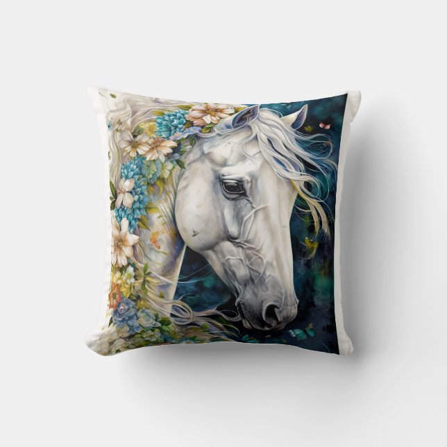 Coussin Cheval blanc fantaisie décoré de fleurs   (Recto)