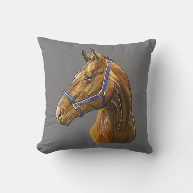 Coussin Cheval châtaigne dessin à la main (Recto)