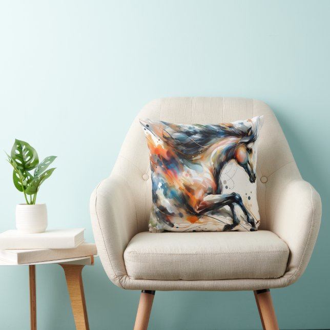 Coussin Cheval courant à l'aquarelle abstraite (Chaise)