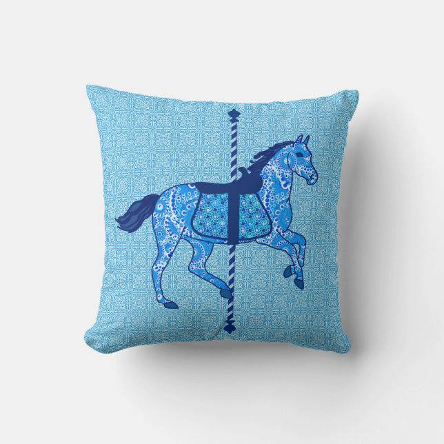 Coussin Cheval de carrousel - Cobalt et Sky Blue (Recto)