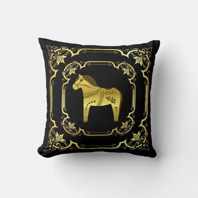 Coussin Cheval de Dala folk noir/or, design doré/noir (Recto)