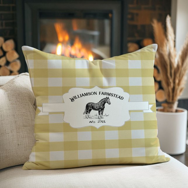 Coussin Cheval de ferme préposé au bison jaune (Yellow Buffalo Plaid Farm Horse Throw Pillow)
