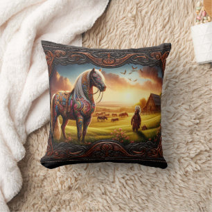 Coussin Cheval de guerre coloré dans un paysage de coucher
