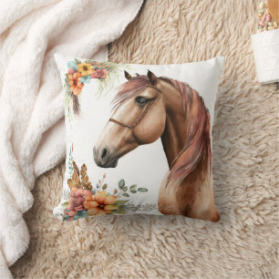 Coussin Cheval de l'aquarelle avec fleurs de chute florale