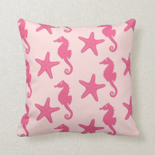 Coussin Cheval de mer et étoile de mer - corail rose