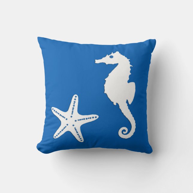 Coussin Cheval de mer et poisson d'eau - blanc sur bleu co (Recto)