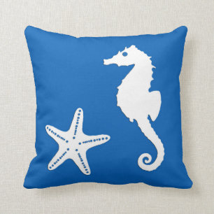 Coussin Cheval de mer et poisson d'eau - blanc sur bleu co
