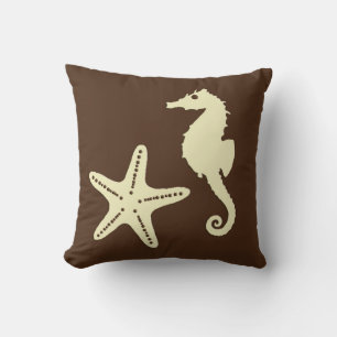 Coussin Cheval de mer et poisson d'eau - brun foncé et bei