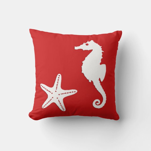 Coussin Cheval de mer et poisson d'eau - corail noir rouge (Recto)