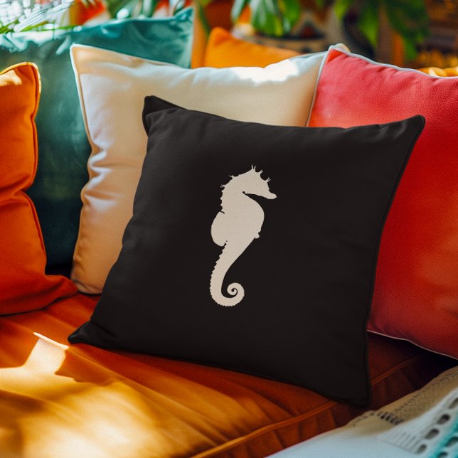 Coussin Cheval de mer noir et blanc (Black and White Seahorse Throw Pillow)