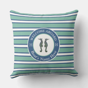 Coussin Cheval de mer Turquoise bleu et blanc