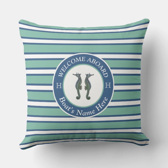 Coussin Cheval de mer Turquoise bleu et blanc (Verso)