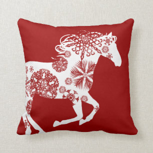 Coussin Cheval de Noël des flocons rouges et blancs