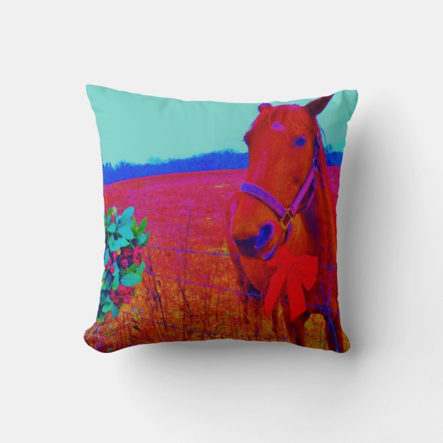 Coussin Cheval de Noël rétro avec du gui et un nœud rouge (Recto)