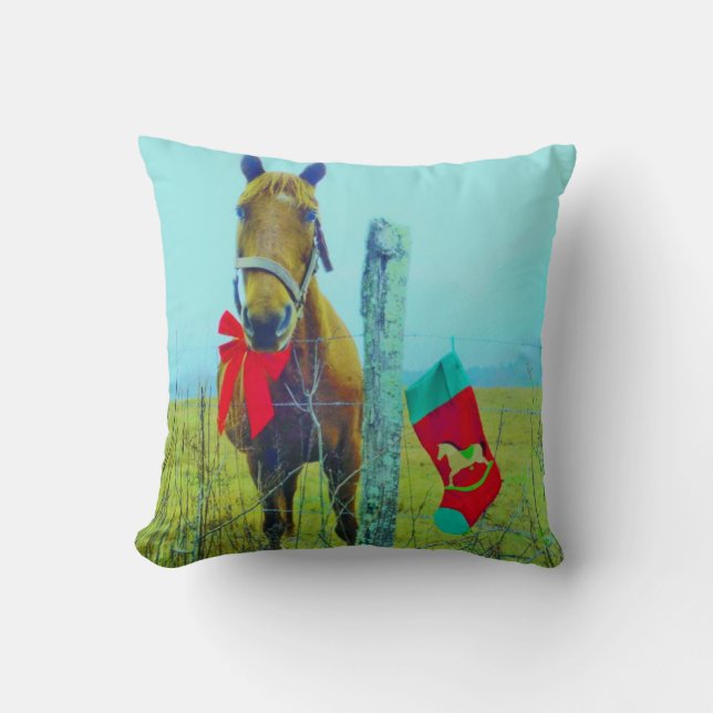 Coussin Cheval de Noël rétro avec Stocker et Arc rouge (Recto)