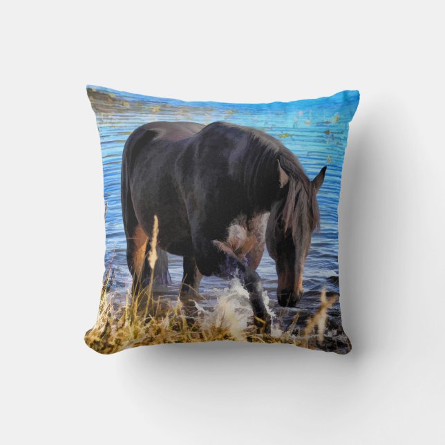 Coussin Cheval du Percheron noir et l'artisanat du lac (Recto)