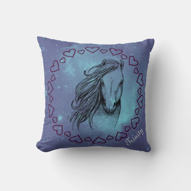 Coussin Cheval et Coeurs Galaxy avec nom facultatif (Recto)