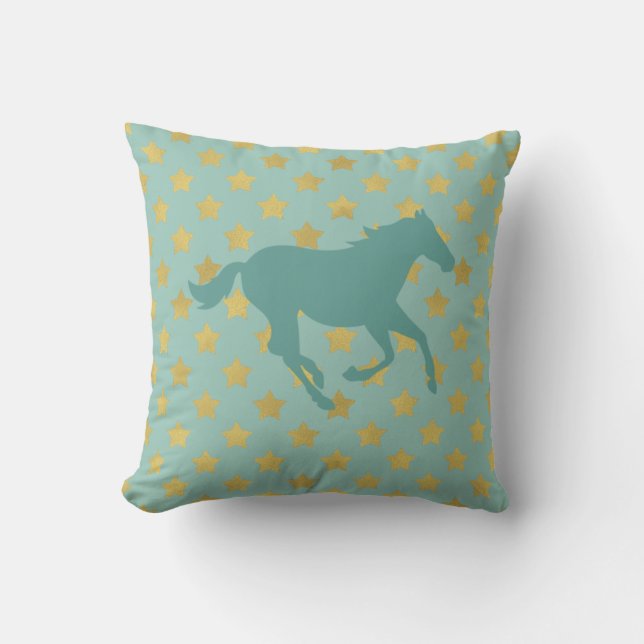 Coussin Cheval et étoiles - bleus layette et d'or (Recto)