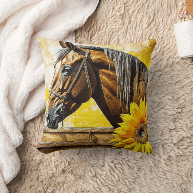 Coussin Cheval et Tournesol Belle AI Art (Couverture)